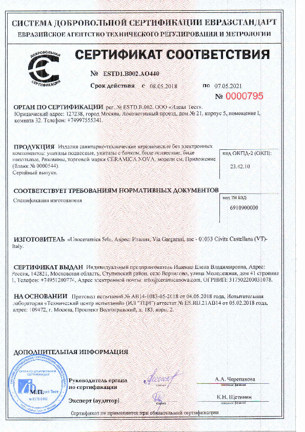 Сертификат Соответствия Ceramica Nova