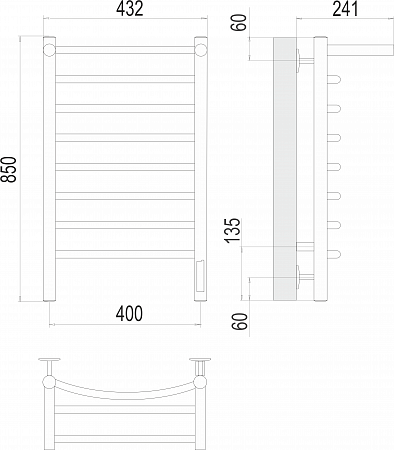 Полотенцесушитель электрический TERMINUS Классик с/п П8 400х850 Электро (quick touch) справа
