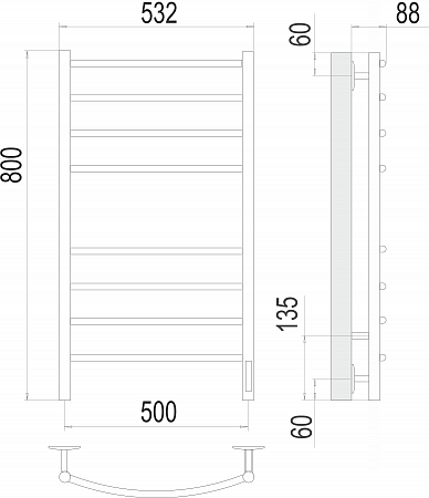 Полотенцесушитель электрический TERMINUS Классик П8 500х800 электро КС черный матовый