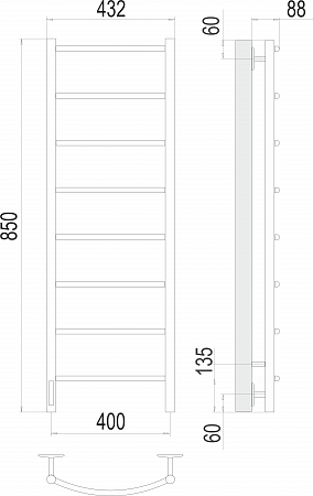 Полотенцесушитель электрический TERMINUS Классик с/п П8 400х850 Электро (quick touch) слева