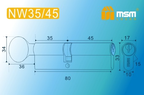 Цилиндровый механизм простой MSM ключ-вертушка NW35/45mm PB полированная латунь