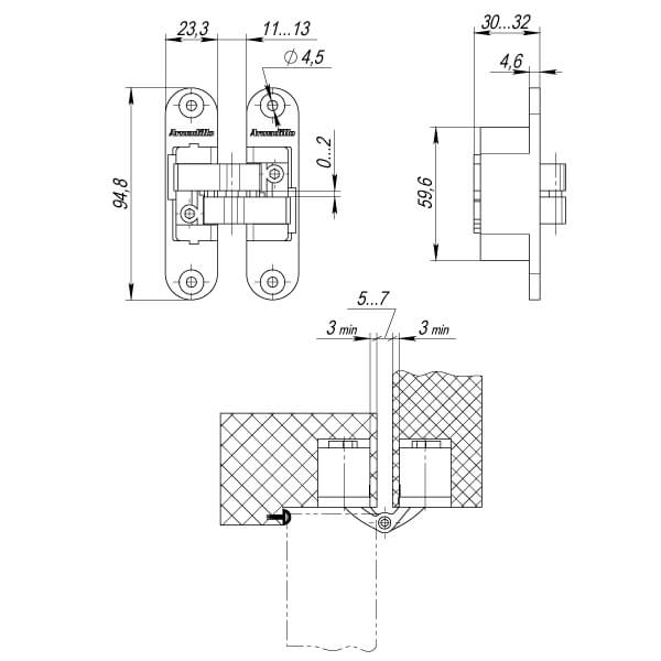 Дверная петля скрытой установки левая Armadillo U3D6200L CP (Architect 3D-ACH 60) хром 60 кг
