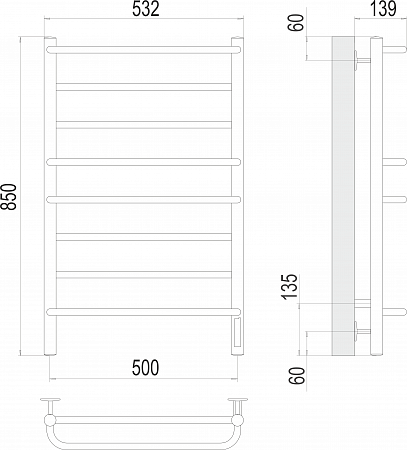 Полотенцесушитель электрический TERMINUS Классик П8 500х850 Электро (quick touch) справа
