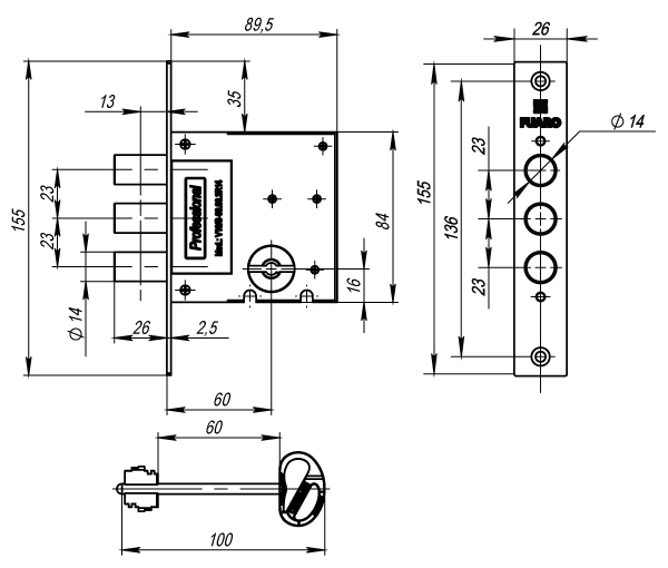Замок врезной сувальдный Fuaro V10/S-60.00.3R14