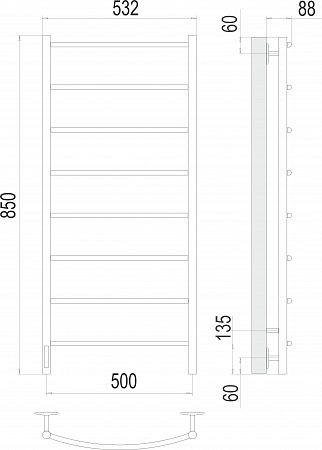 Полотенцесушитель электрический TERMINUS Классик П8 500х850 Электро (quick touch) слева