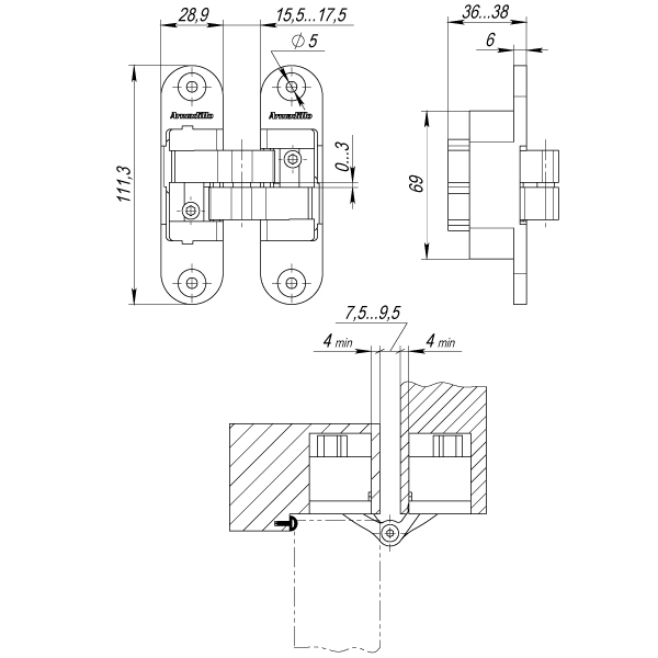 Дверная петля скрытой установки левая Armadillo U3D6200L AB (Architect 3D-ACH 60) бронза 60 кг