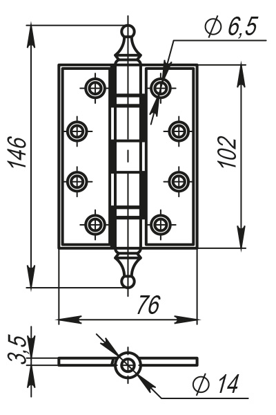Петля дверная универсальная Armadillo Castillo CL 500-A4 102x76x3,5 OB античная бронза