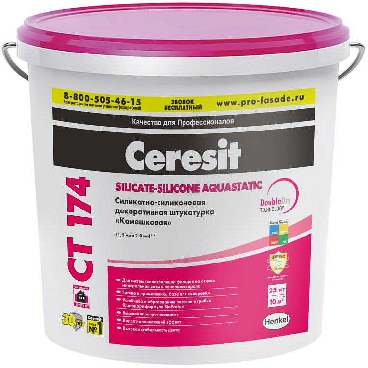 Штукатурка декоративная силикатно-силиконовая Ceresit СТ 174 камешковая 1,5 мм. база 25 кг