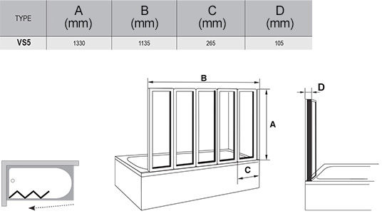 Стеклянная шторка на ванну Ravak VS5 Rain белый