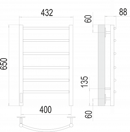 Полотенцесушитель электрический TERMINUS Классик с/п П6 400х650 Электро (quick touch) слева