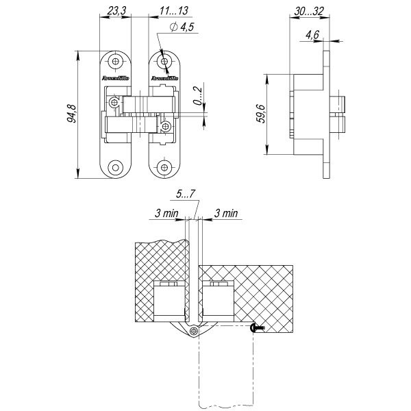 Дверная петля скрытой установки правая Armadillo U3D4200R SC (Architect 3D-ACH 40) мат. хром 40 кг