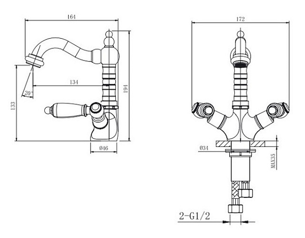 Смеситель для раковины Caprigo Adria-Classik 03-526-crm с донным клапаном