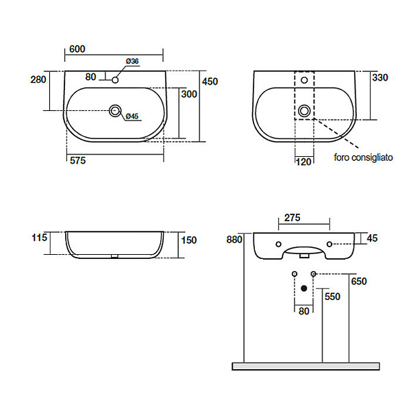 Раковина подвесная/накладная Kerasan Nolita 60х45 белый глянцевый
