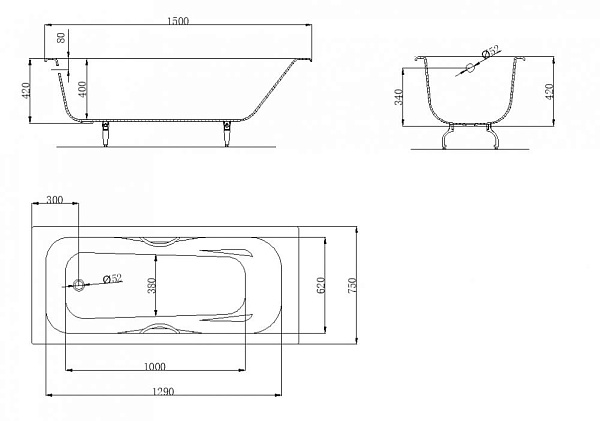 Чугунная ванна OWL 1975 Bjorn - 150х75 с ручками