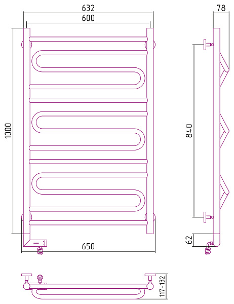 Полотенцесушитель СУНЕРЖА Элегия 2.0 1000x600