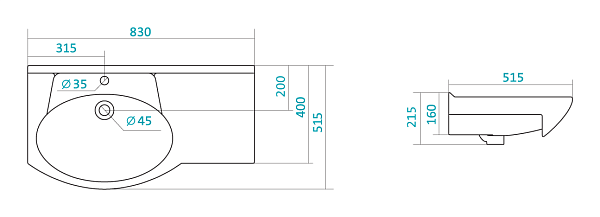 Раковина подвесная Santek Коралл 83 с правым крылом