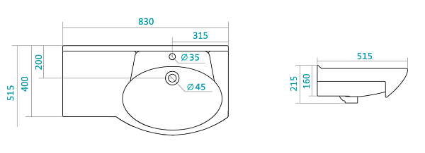 Раковина подвесная Santek Коралл 83 с левым крылом