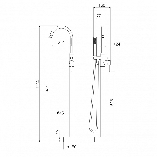 Смеситель напольный с душевой лейкой Swedbe Spira 4000