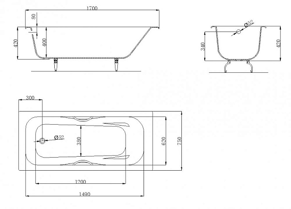 Чугунная ванна OWL 1975 Bjorn - 170х75 с ручками