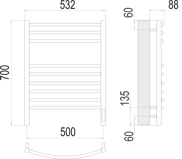 Полотенцесушитель электрический TERMINUS Классик П9 500х700 (sensor quick touch)