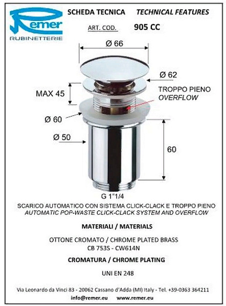 Донный клапан для раковины Remer 905CC хром