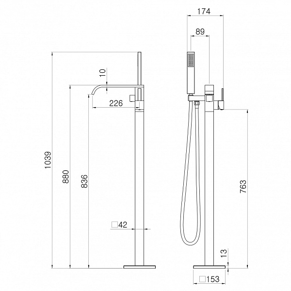 Смеситель напольный с душевой лейкой Swedbe Spira 4001
