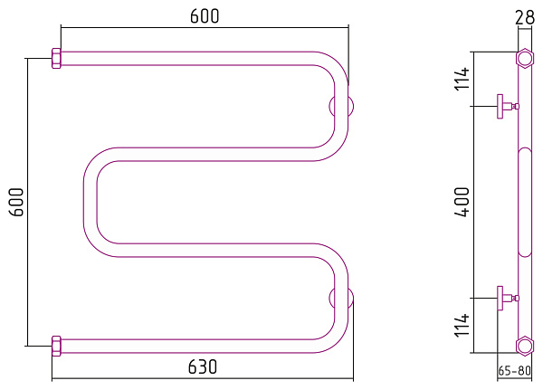 Полотенцесушитель СУНЕРЖА Ш-образный 600х600