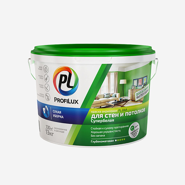 Краска Profilux PL-04А для стен и потолков акриловая матовая супербелая