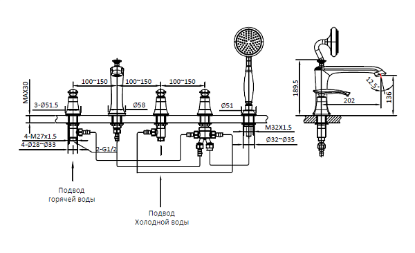 Смеситель на борт ванной с душем AltroBagno Beatrice 020103 Or