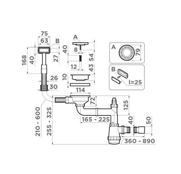 Арматура для одночашевых моек с прямоугольным переливом WK-1-GM