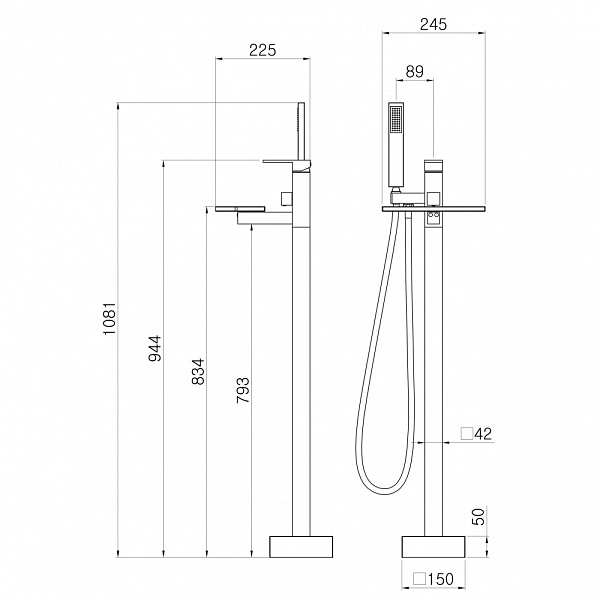 Смеситель напольный с душевой лейкой Swedbe Spira 4008